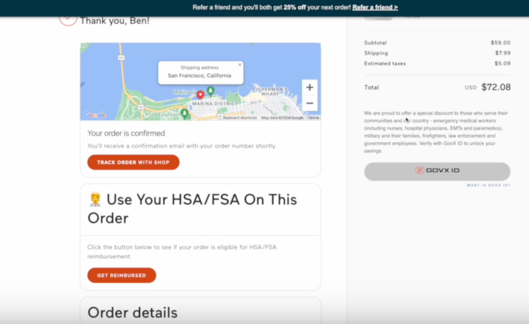 Order confirmation page with Truemed reimbursement widget
