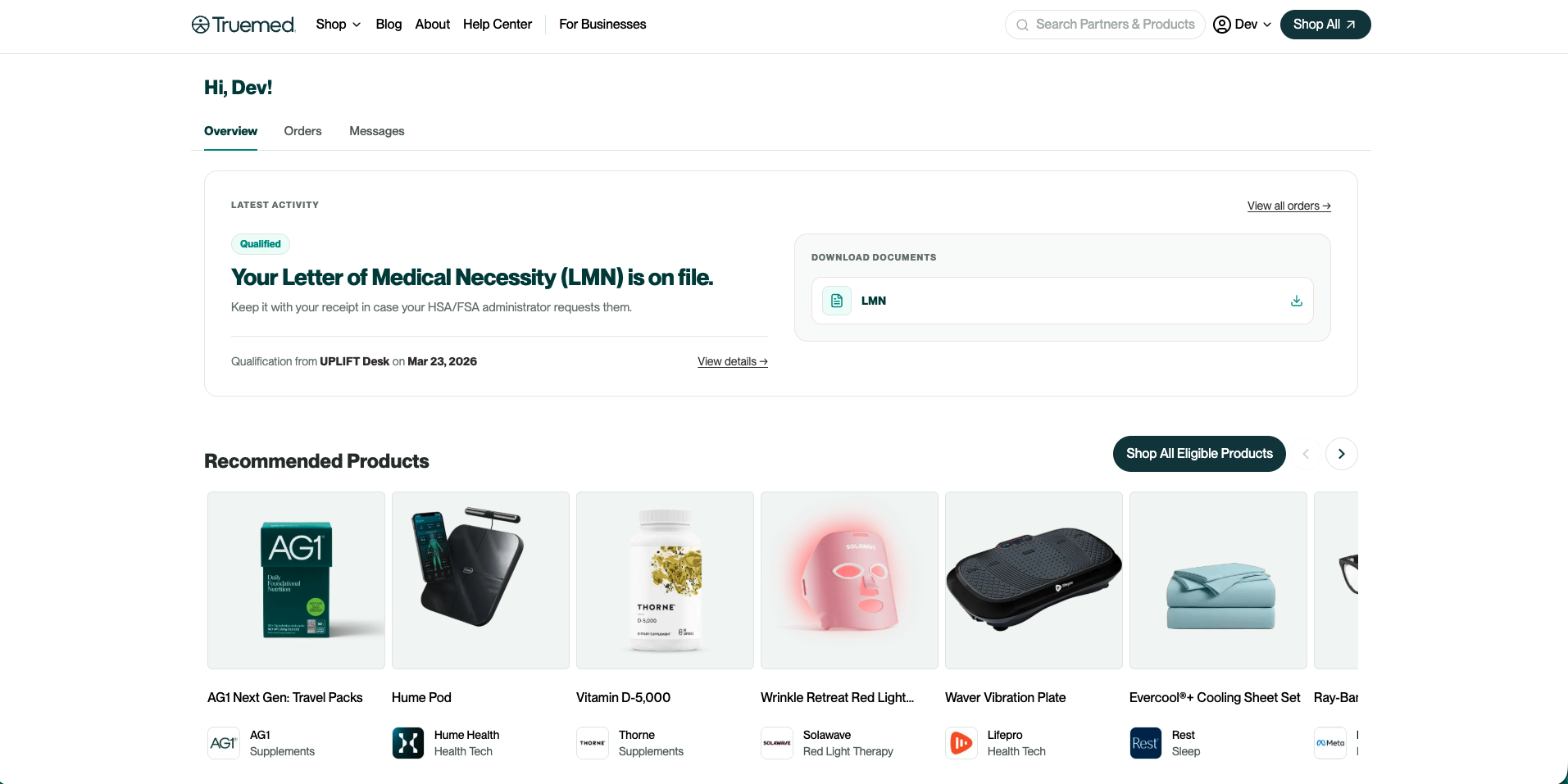 Overview page of the Truemed dashboard showing the Latest Activity card, Download Documents, and recommended products