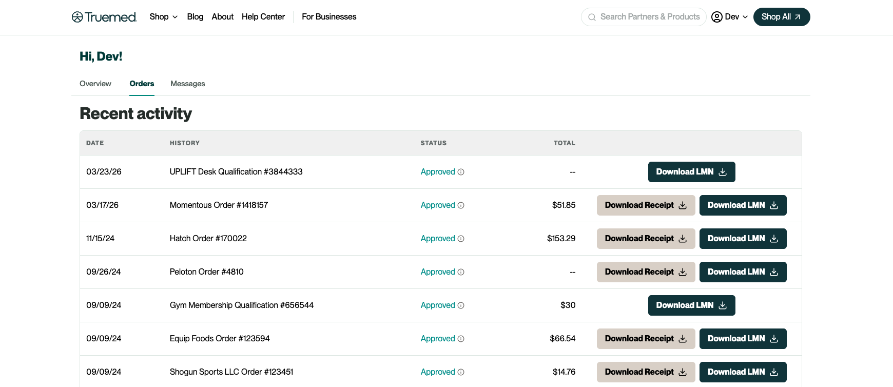 Orders tab in the Truemed dashboard showing recent activity with per-order Download Receipt and Download LMN buttons
