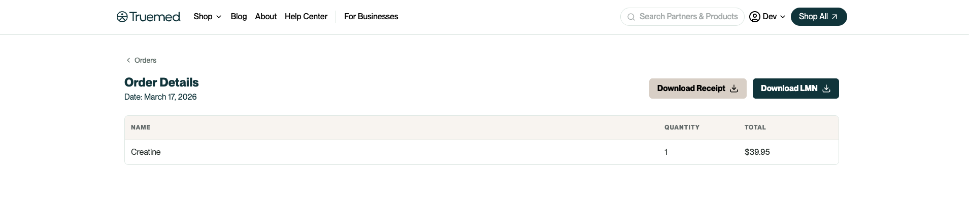 Order Details page showing the order date, item, and Download Receipt and Download LMN buttons
