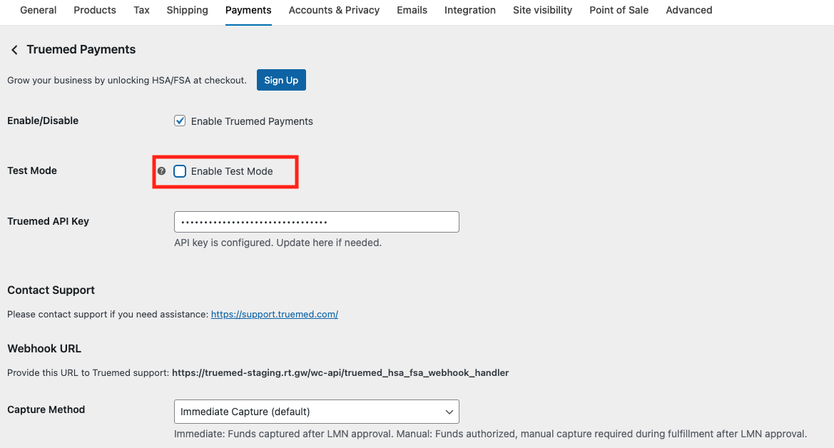 Test mode settings with API key and Enable Test Mode checkbox