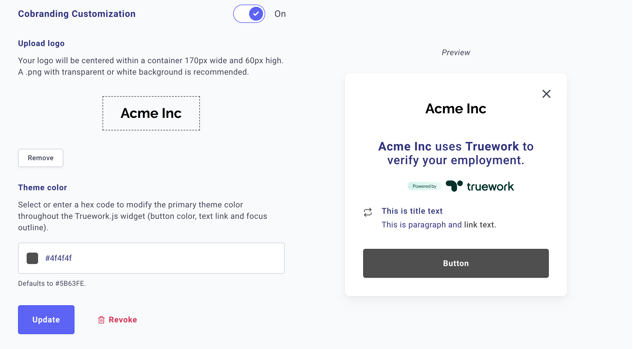 Truework Direct co-branding settings
