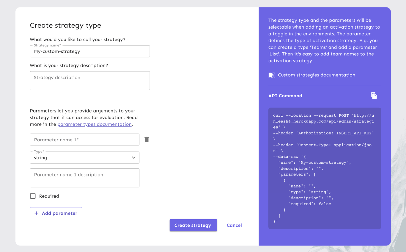 A strategy creation form. It has fields labeled "strategy name" — "TimeStamp" — and "description" — "activate toggle after a given timestamp". It also has fields for a parameter named "enableAfter". The parameter is of type "string" and the parameter description is "Expected format: YYYY-MM-DD HH:MM". The parameter is required.