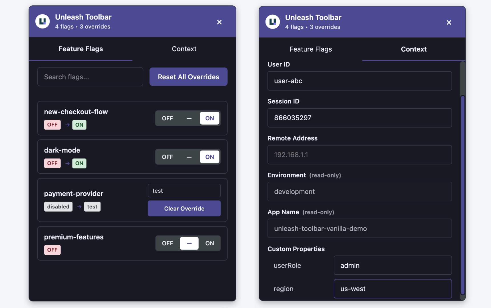 The Unleash Developer Toolbar showing flag overrides and context settings
