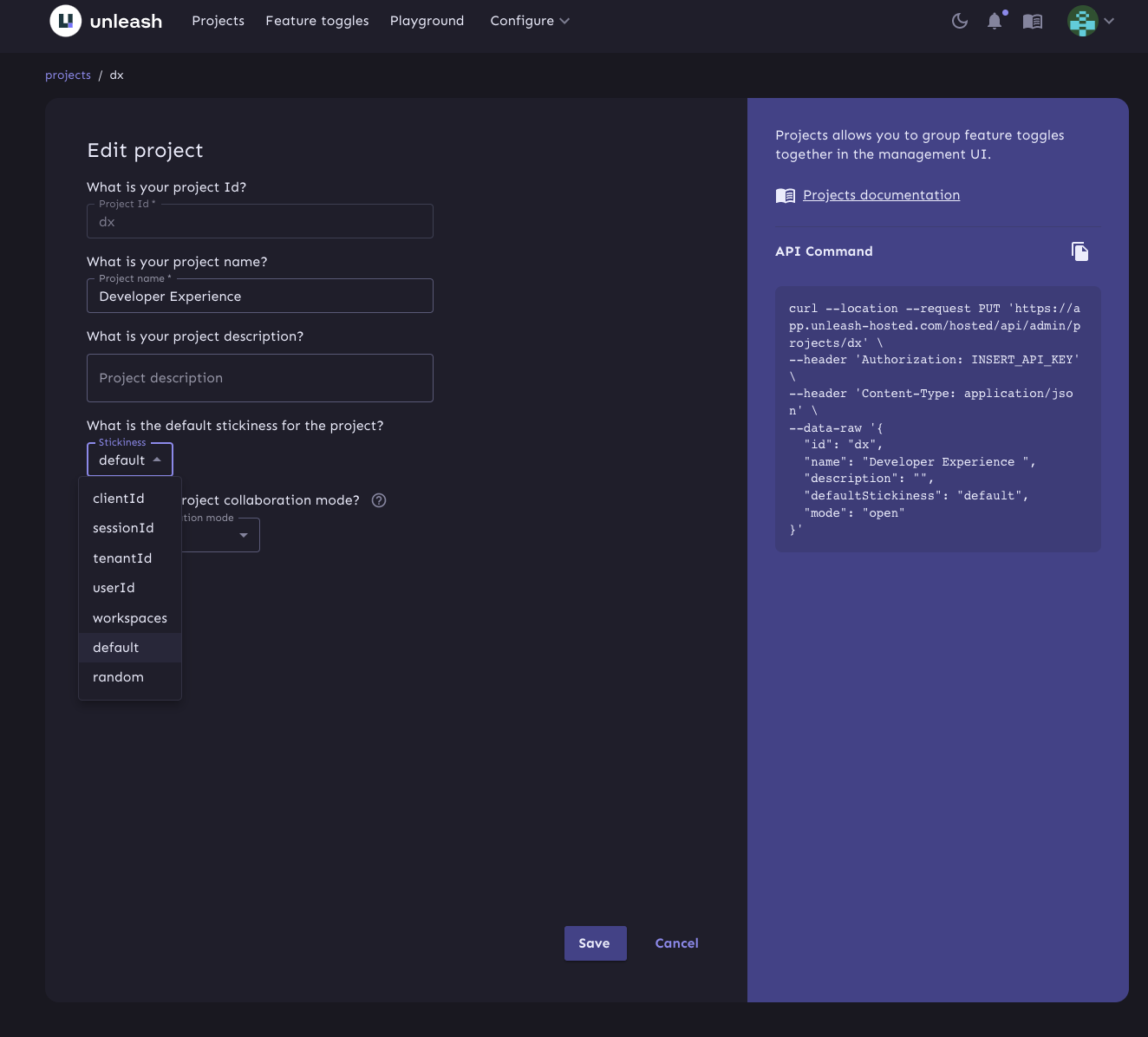 The Edit Project screen. There is a dropdown for setting the default stickiness