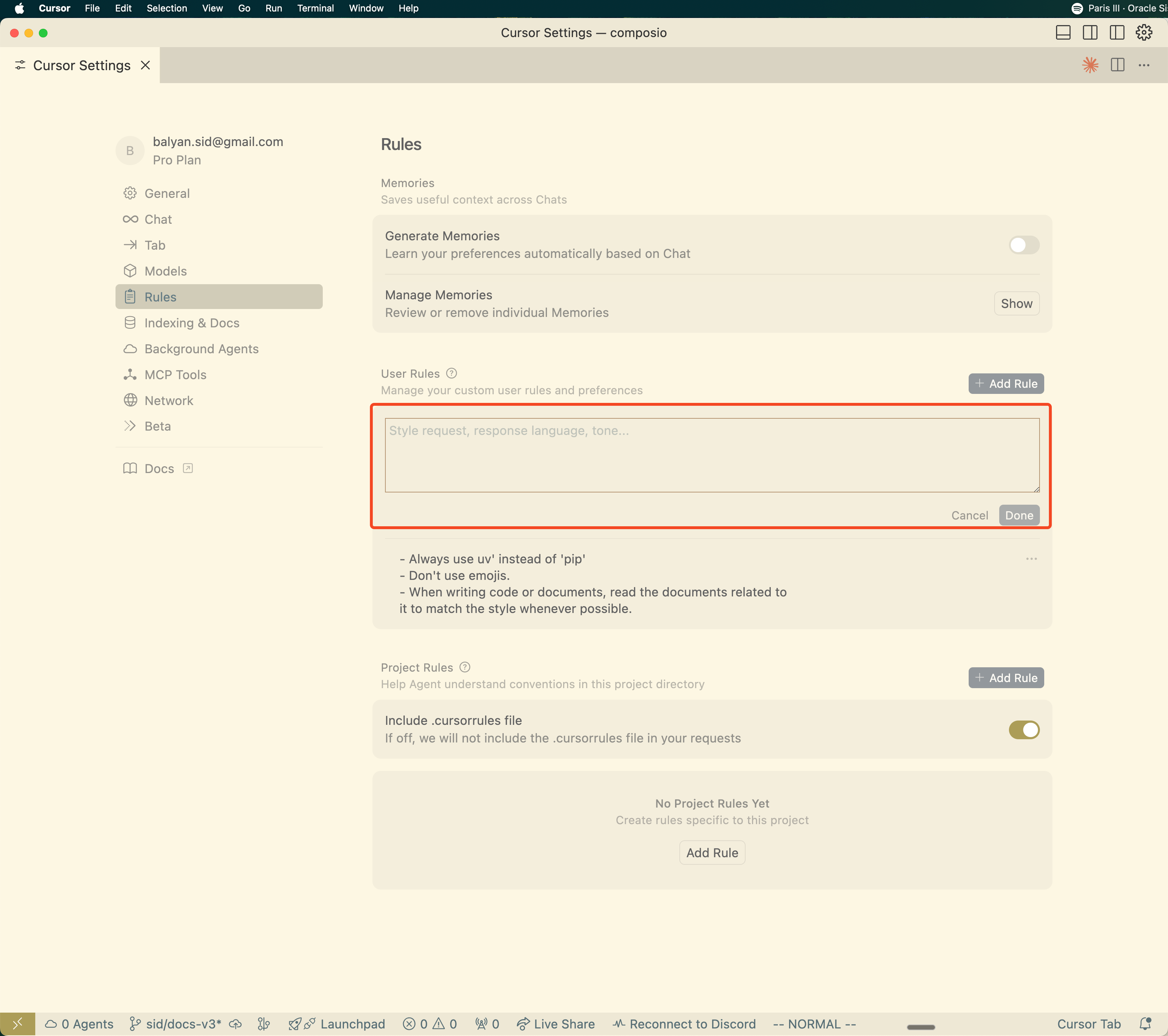 Cursor settings