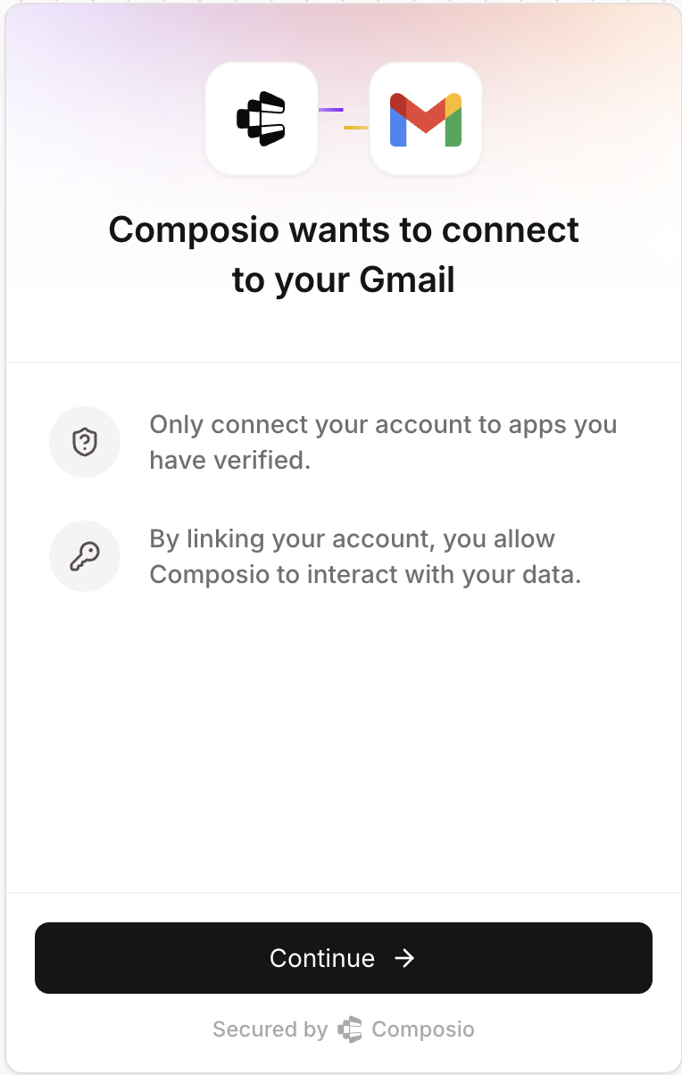 Composio authentication screen showing Gmail connection