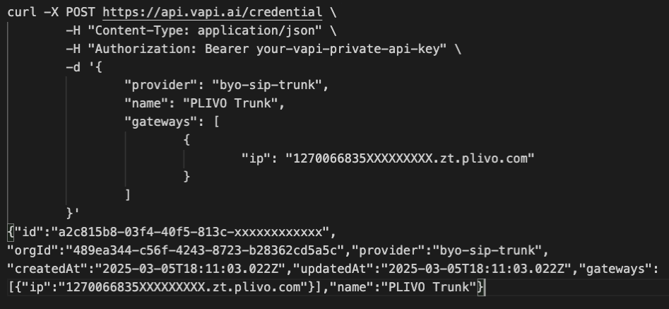 SIP Trunk Credential Response