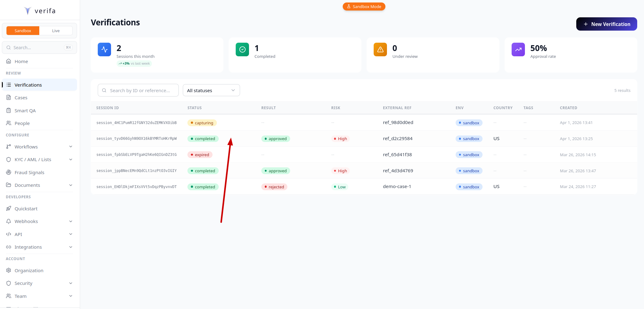 Verifications list showing the completed session with approved result