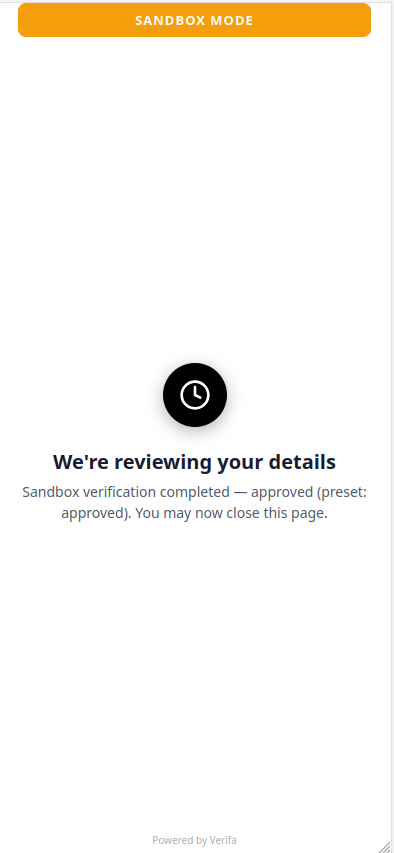 Verification complete — "We're reviewing your details", sandbox verification completed