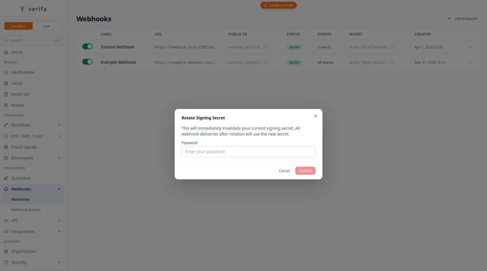 Rotate Signing Secret modal with password prompt