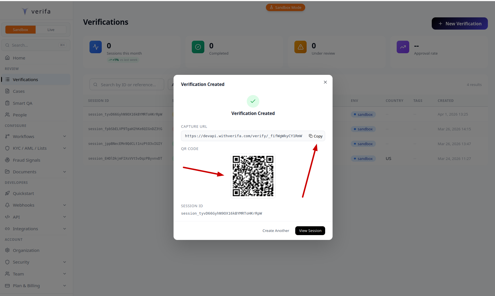 Verification Created modal showing the capture URL, QR code, and session ID