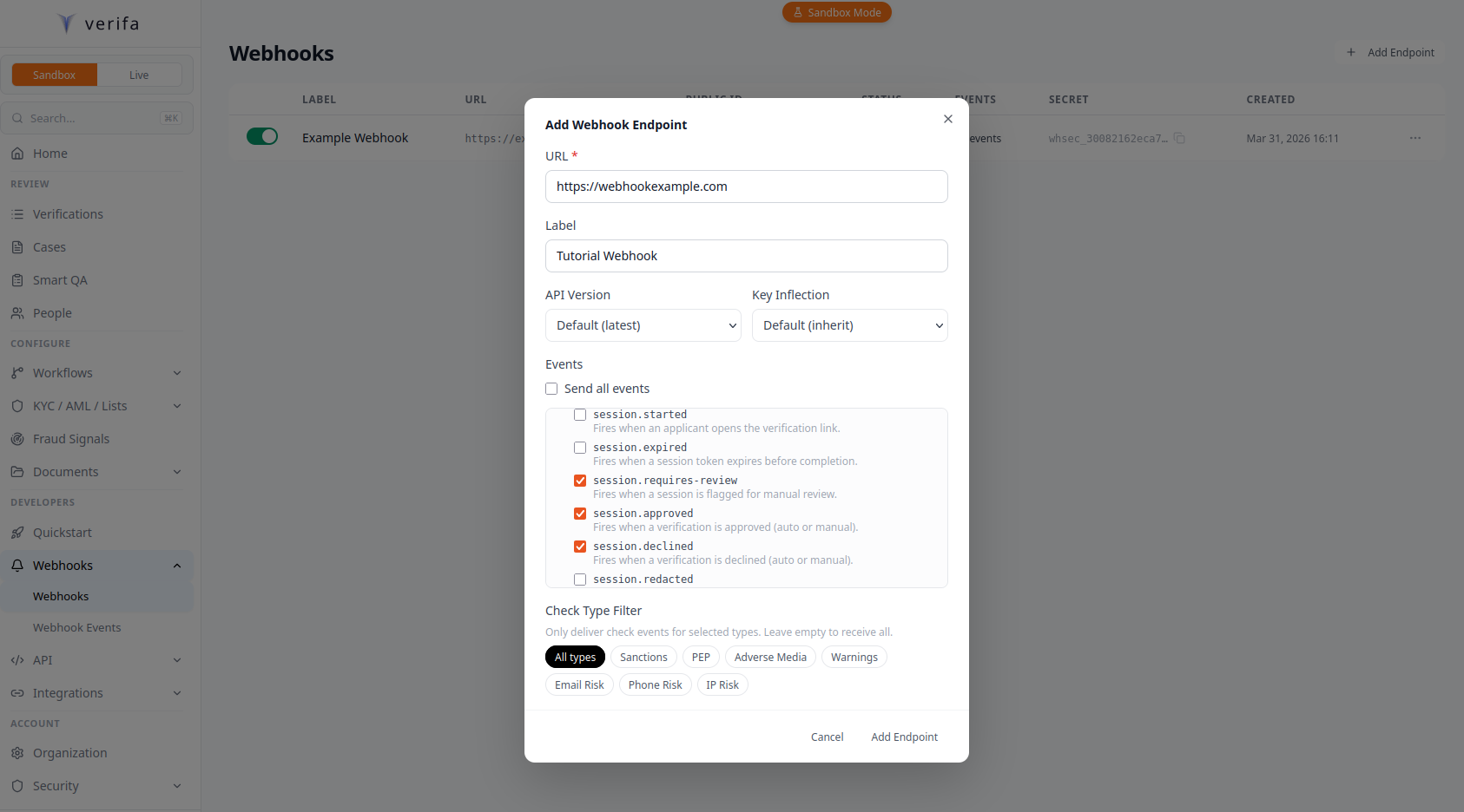 New webhook endpoint form with URL, label, and events configured