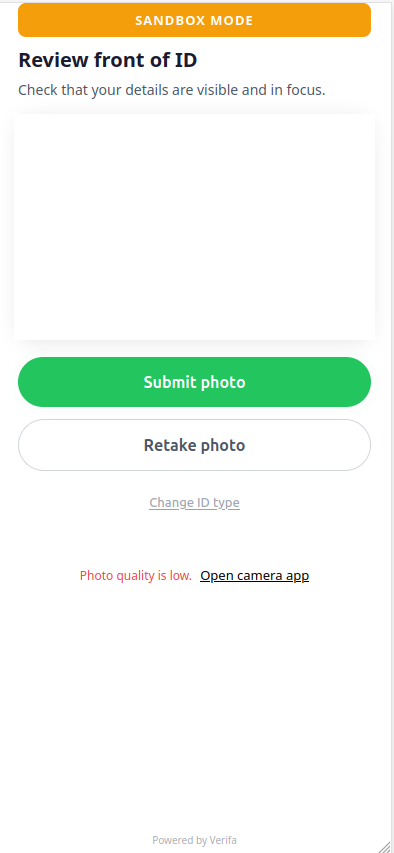Review front of ID — Submit photo and Retake photo buttons