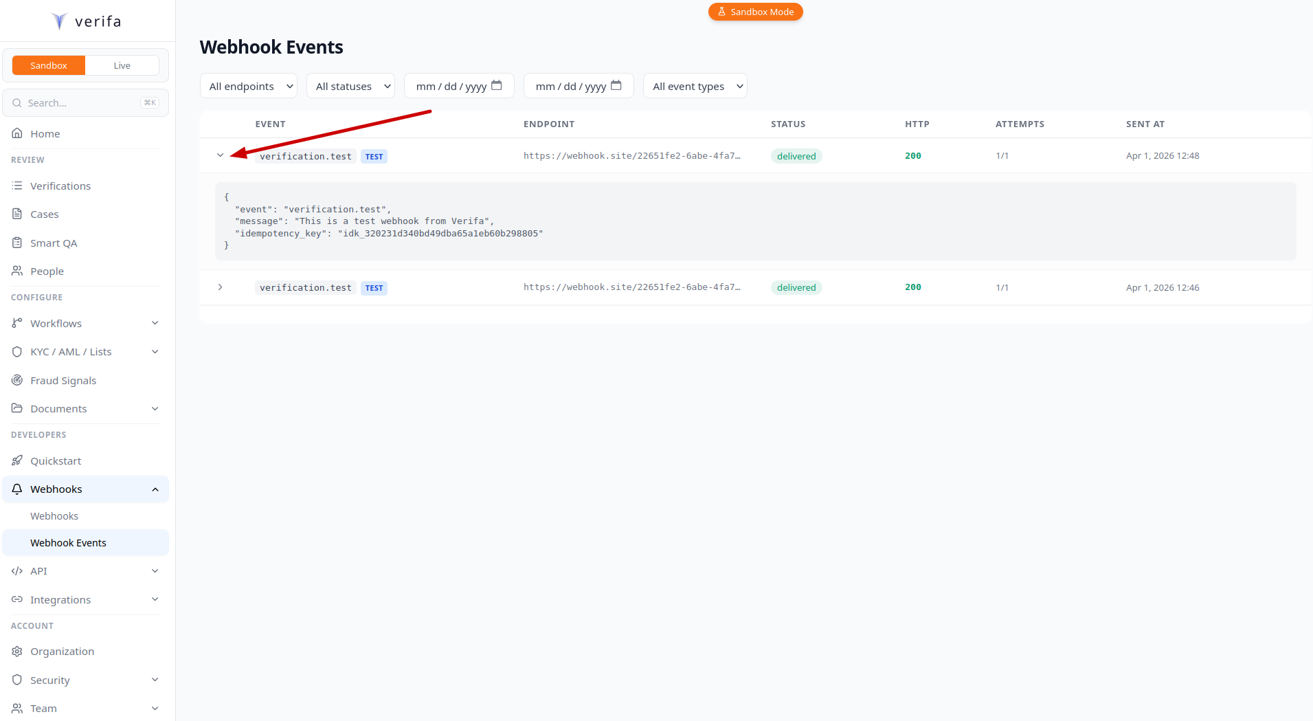 Expanded delivery showing the full webhook payload