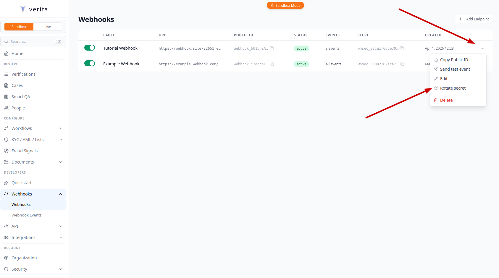 Endpoint menu with Rotate secret option
