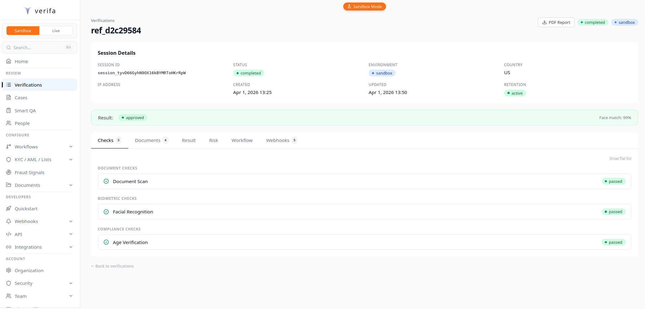 Session detail page showing checks — Document Scan, Facial Recognition, and Age Verification all passed