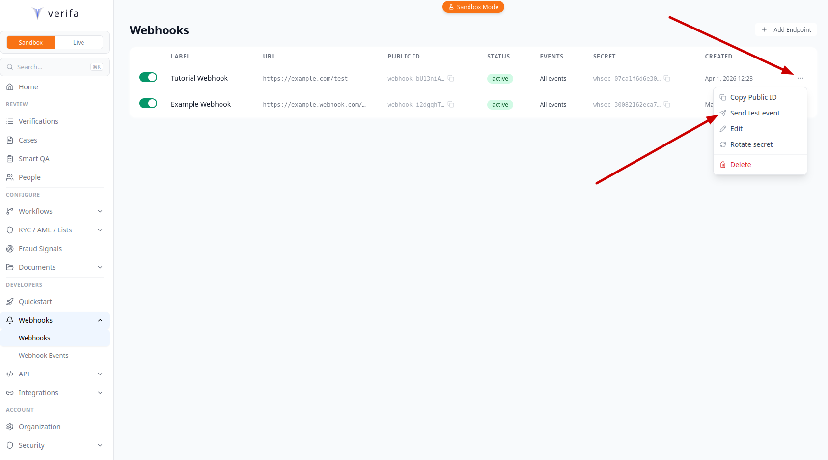 Endpoint menu with Send test event option