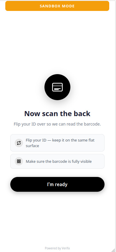 Scan back of ID prompt — flip your ID over, make sure barcode is visible