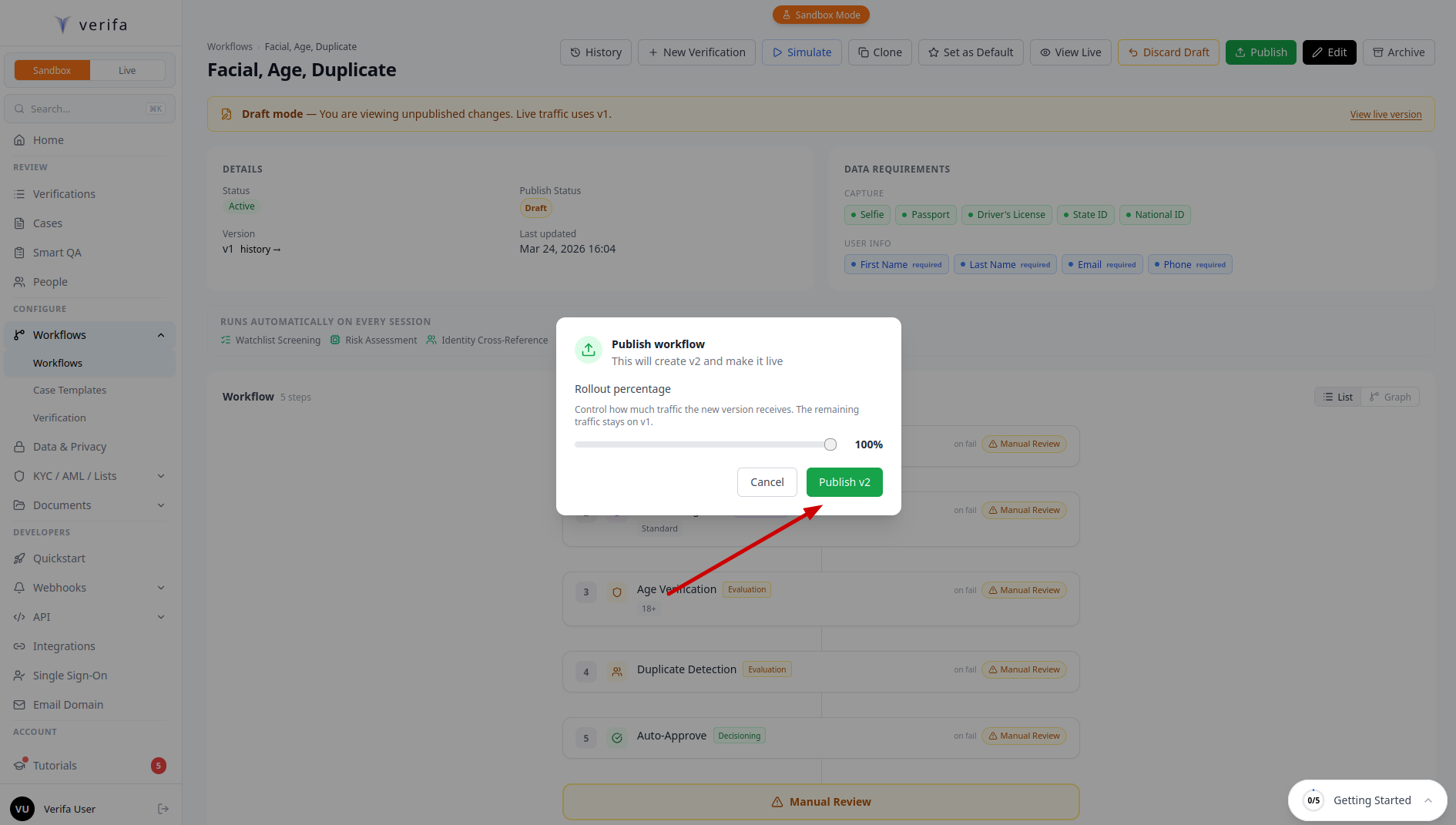 Publish modal with rollout percentage