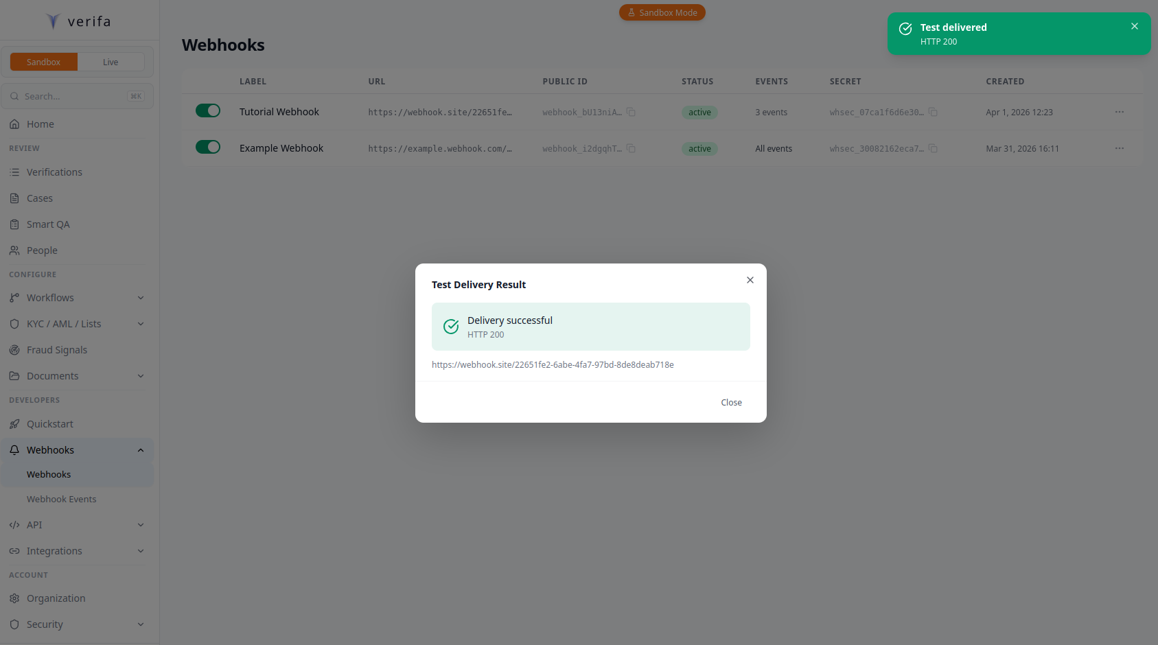 Test Delivery Result modal — Delivery successful, HTTP 200
