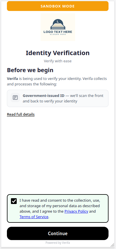 Capture consent screen — "Identity Verification", consent checkbox, and Continue button