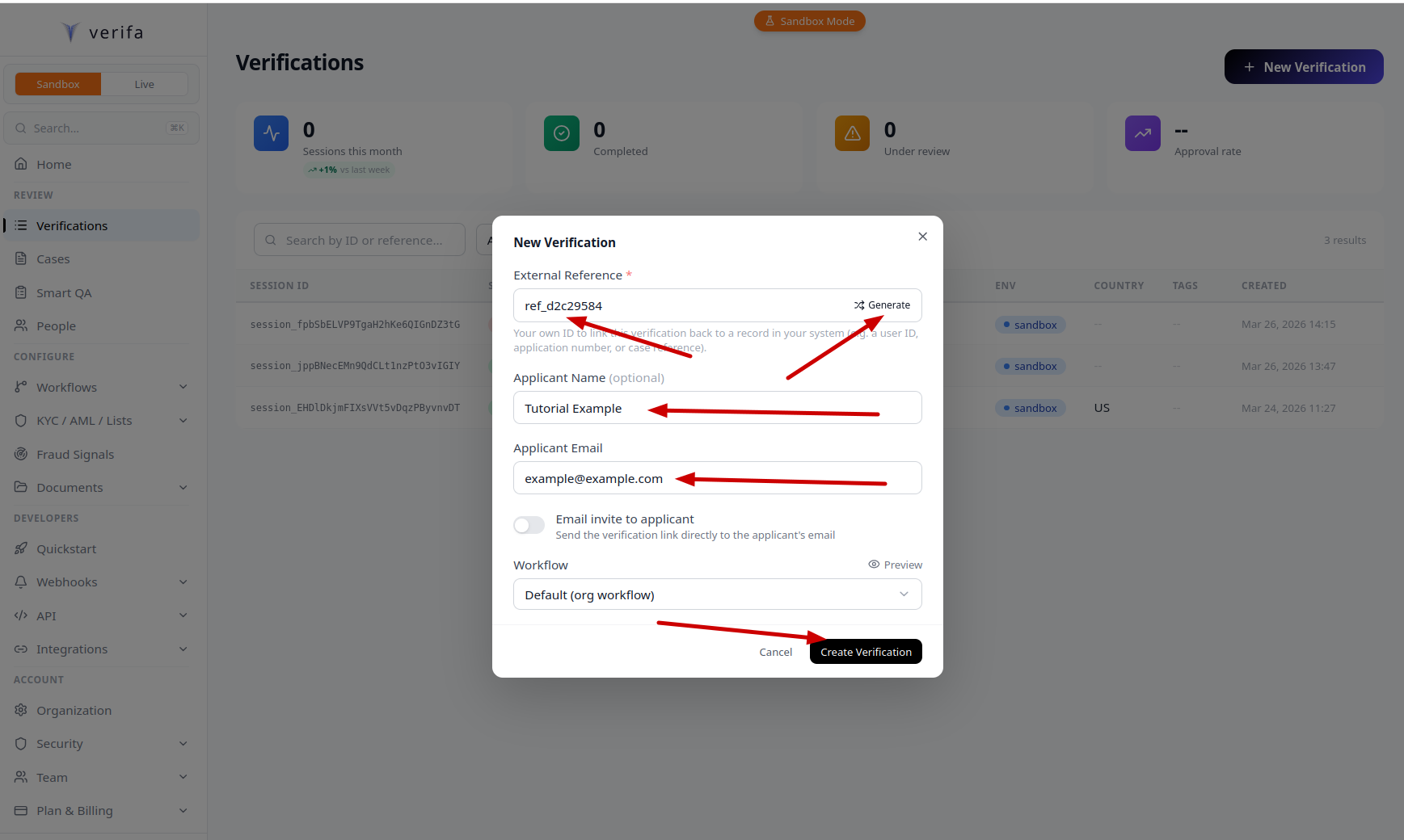 New Verification modal showing External Reference, Applicant Name, Email, and Workflow fields