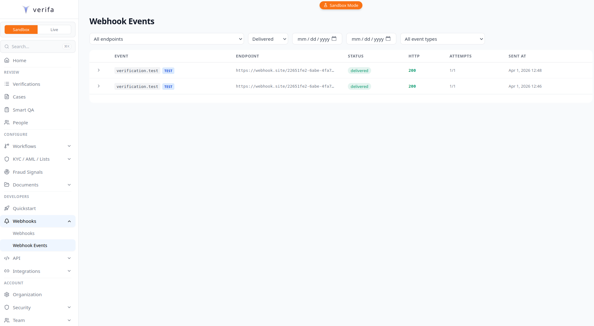 Webhook Events page showing delivery history with filters