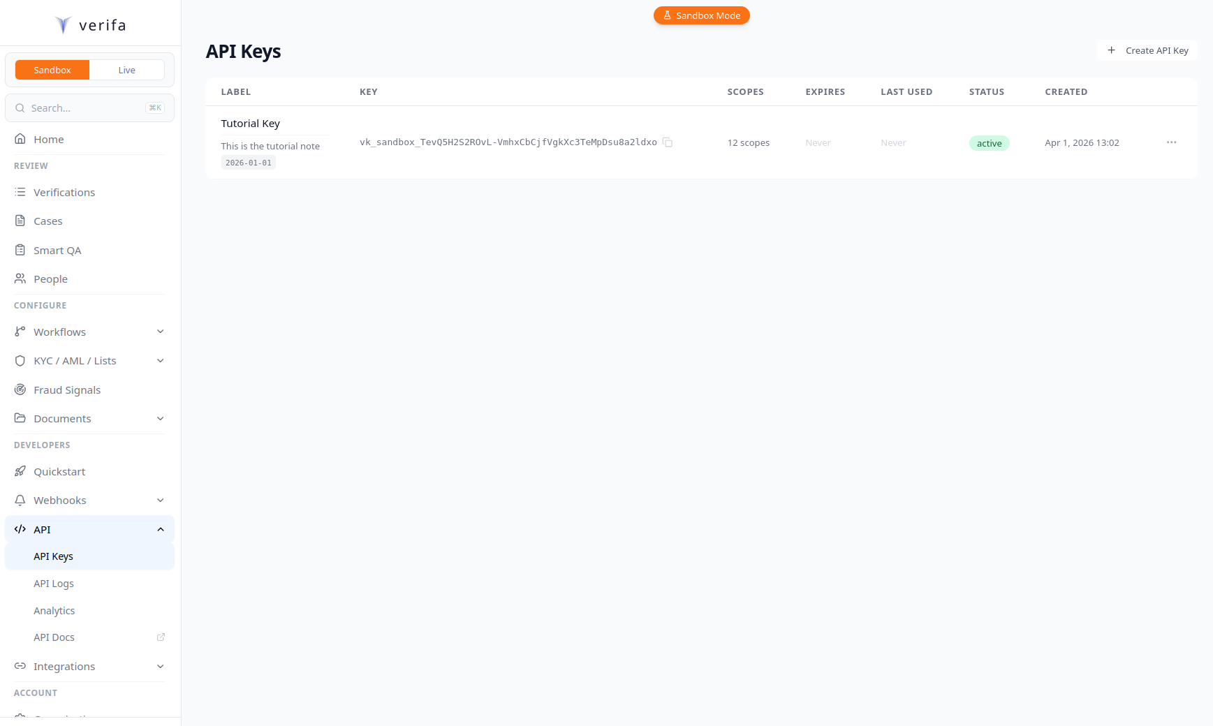 API Keys page showing a sandbox key under Developers > API > API Keys