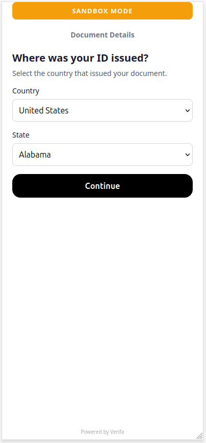 Document details — Country and State dropdowns with Continue button