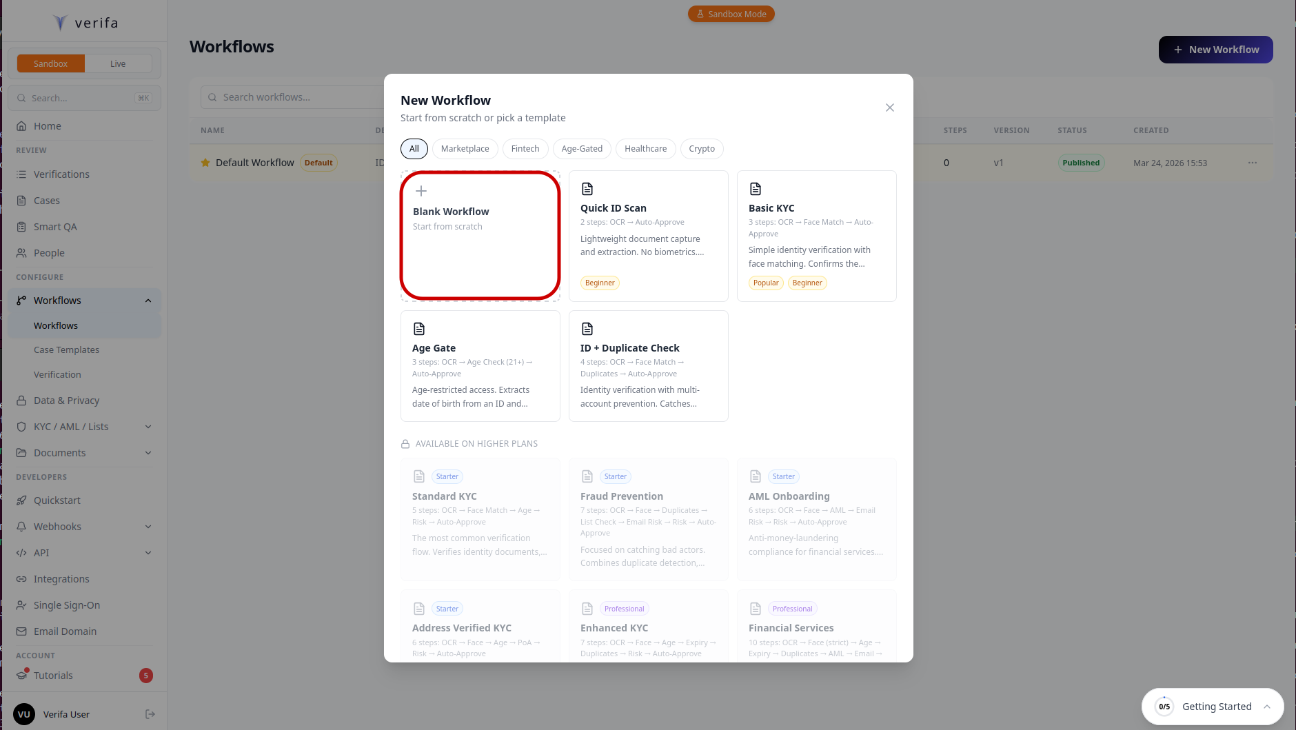 New Workflow modal showing template options