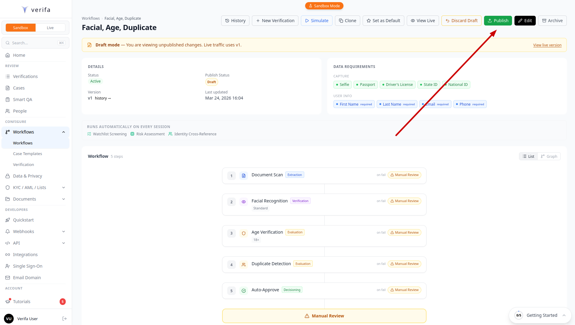 Workflow detail page with Publish button