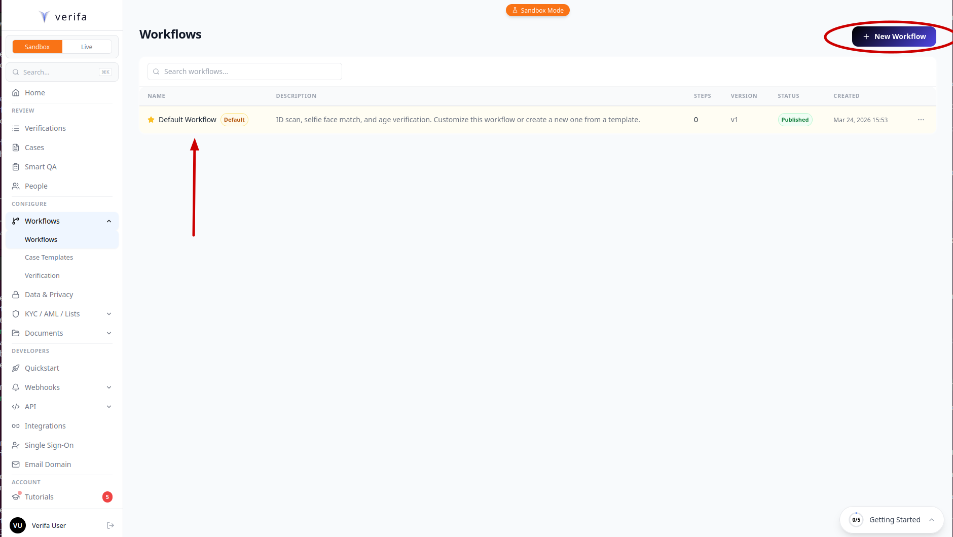 Workflow list with New Workflow button