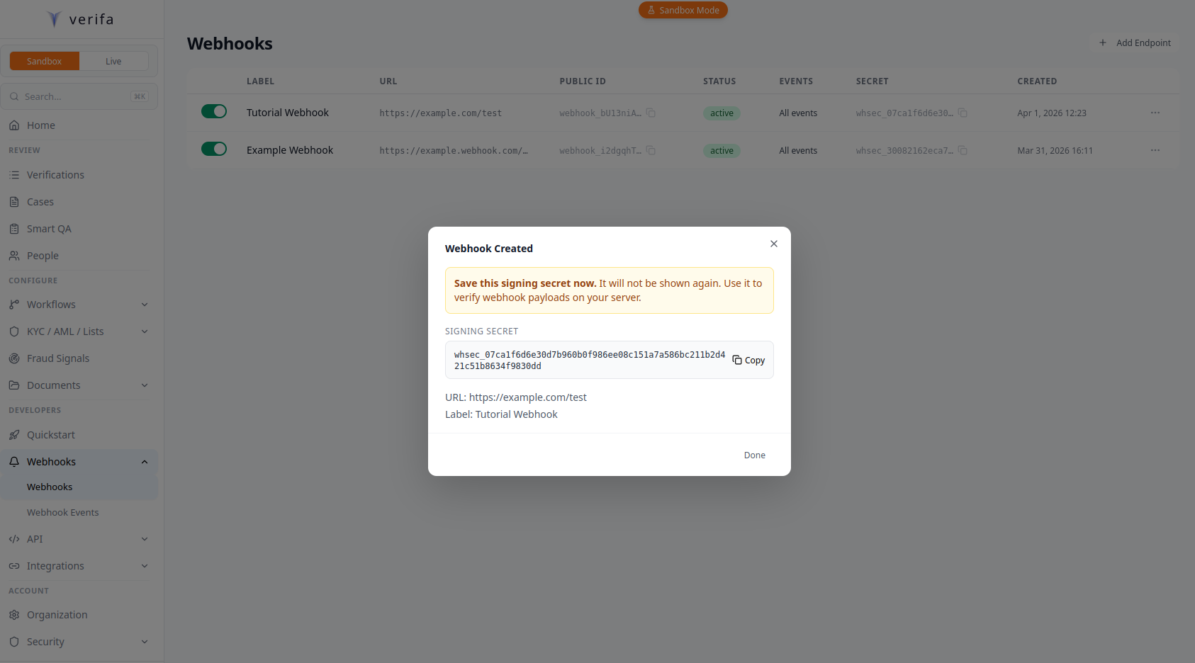 Webhook Created modal with signing secret revealed