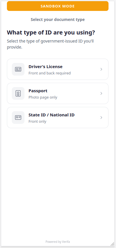 Document type selection — Driver's License, Passport, or State ID / National ID