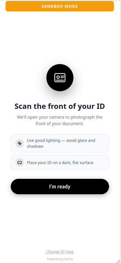 Scan front of ID prompt with tips and I'm ready button