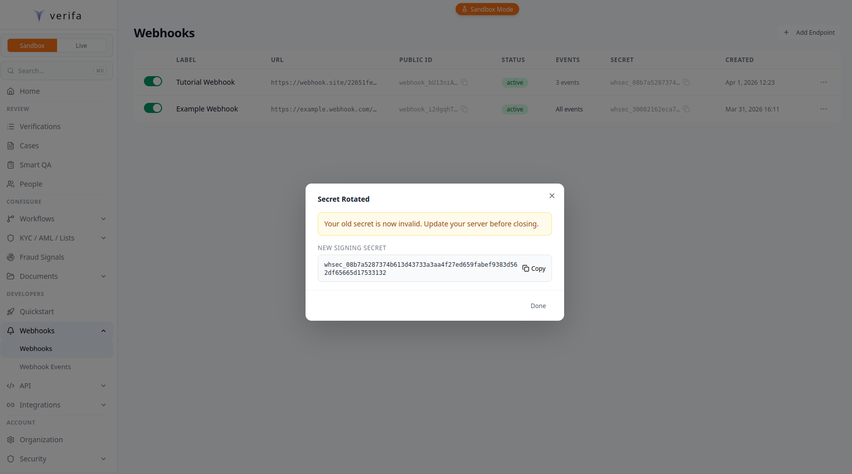 Secret Rotated modal with new secret revealed