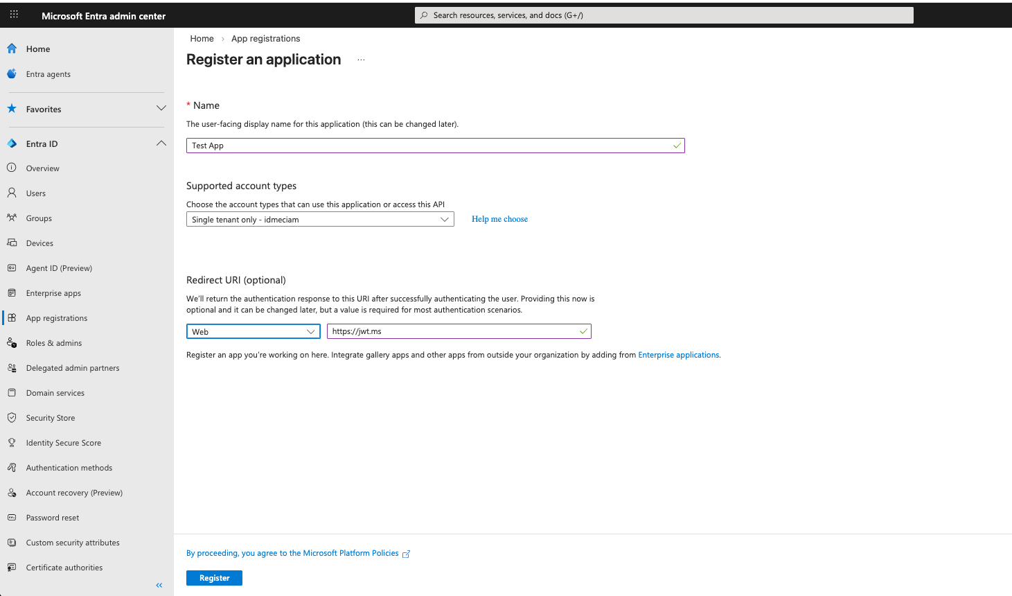Screenshot showing Microsoft Entra External ID new app registration page