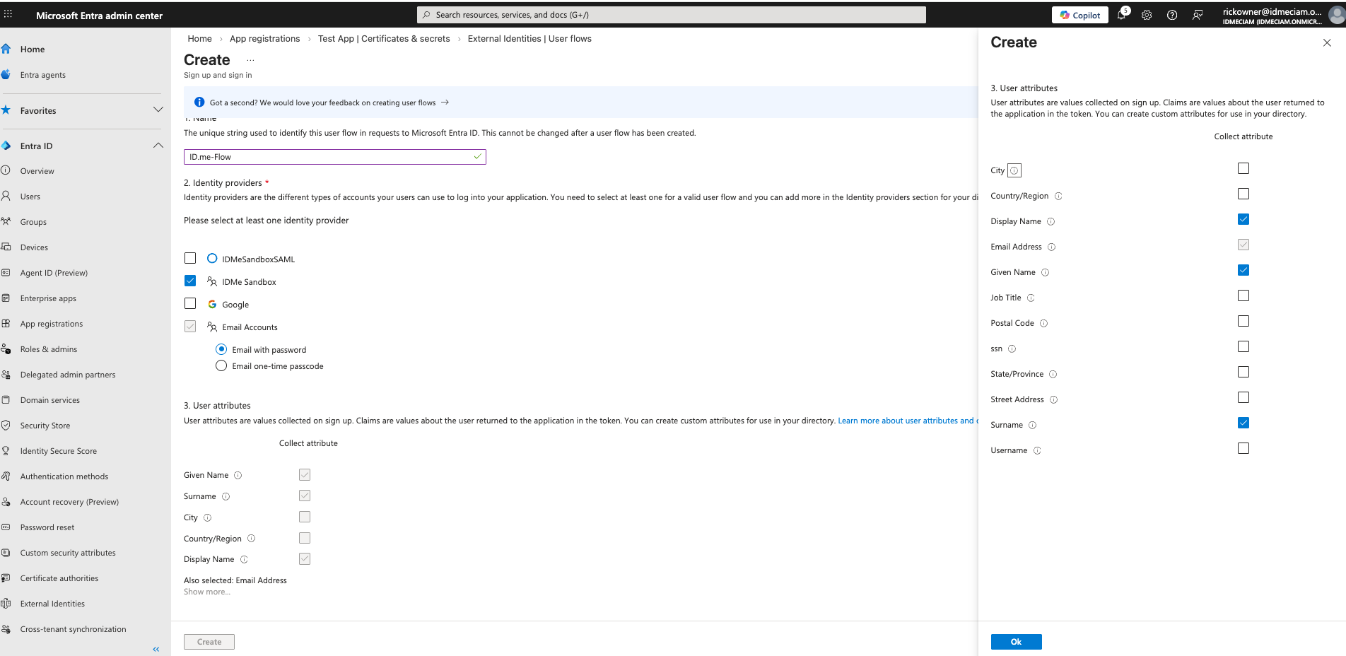 Screenshot showing Microsoft Entra External ID user flow creation page