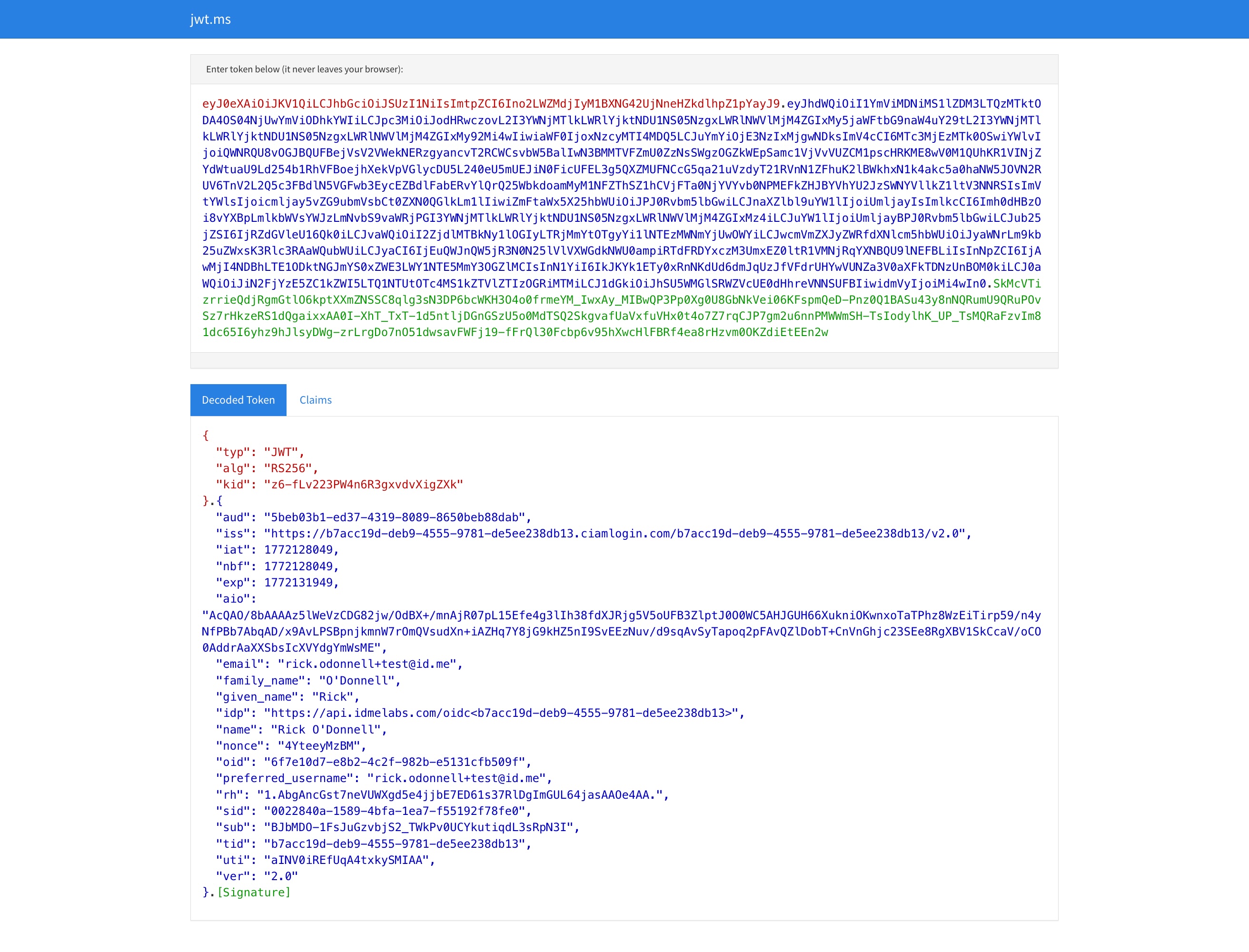 Screenshot of decoded jwt with first and last name included