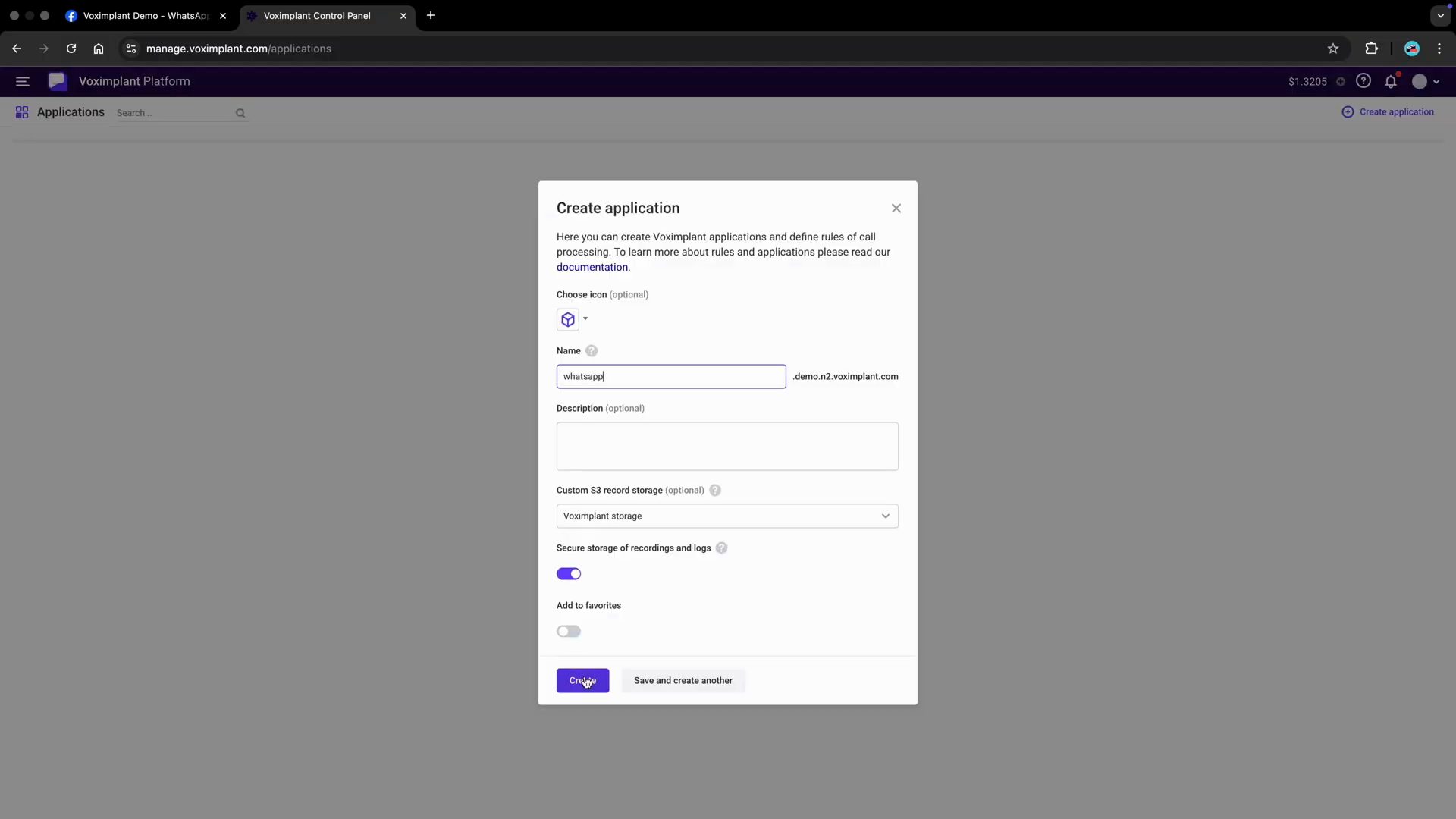Create Voximplant application