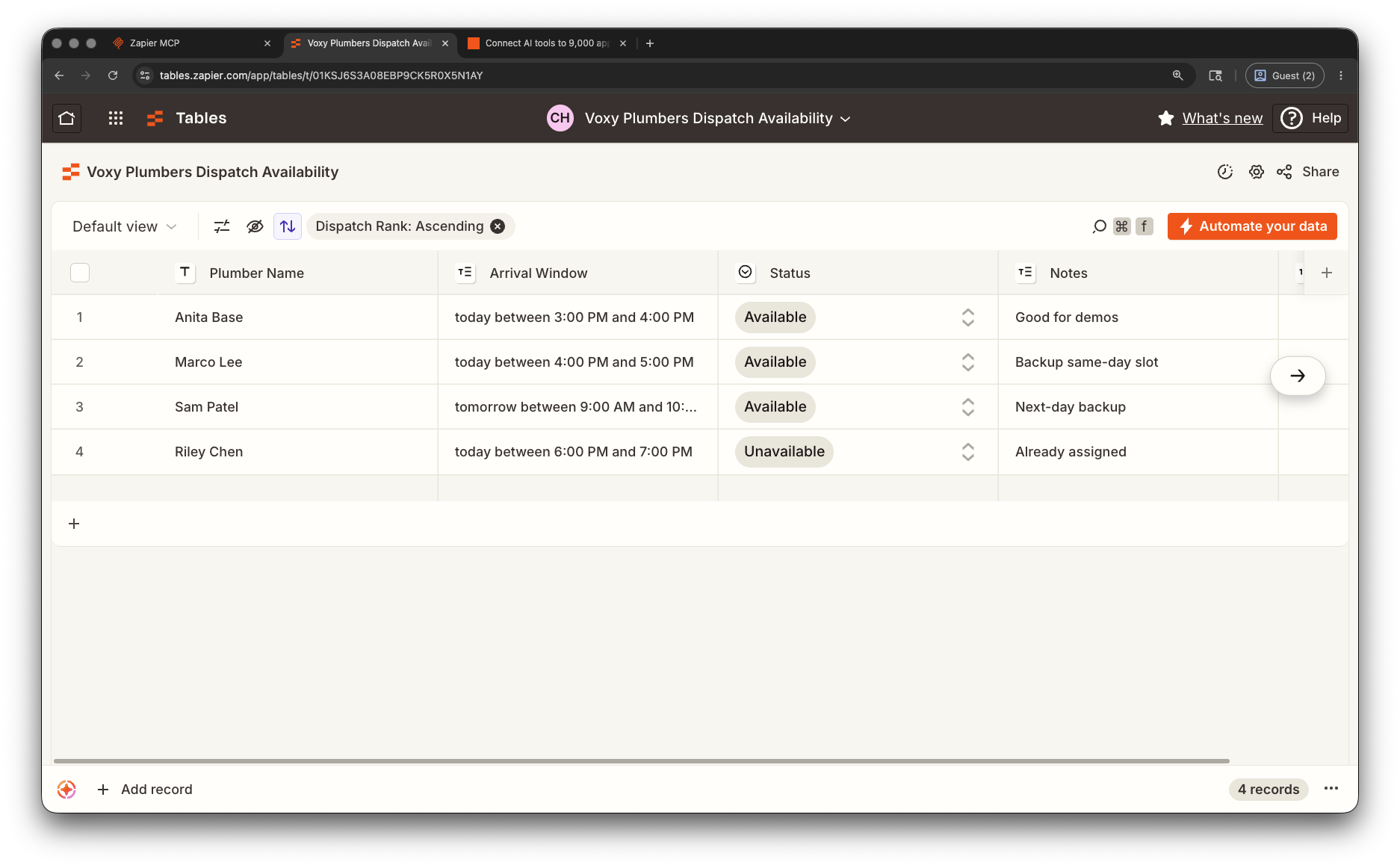 Zapier Tables dispatch availability table