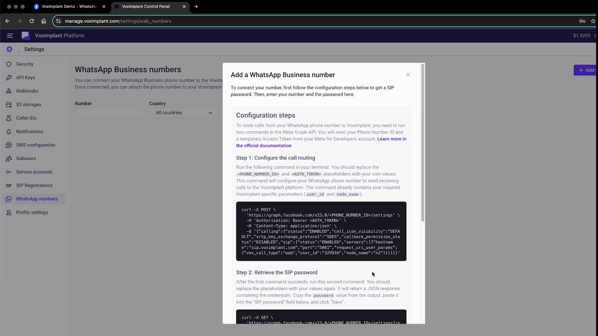 WhatsApp configuration modal