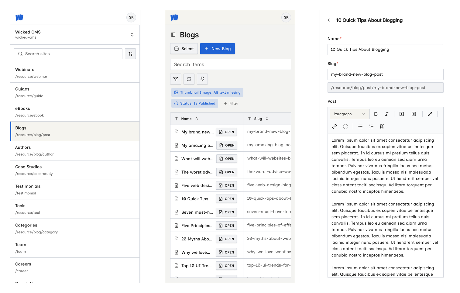 Wicked CMS on a phone — collections menu, items list, and item editor