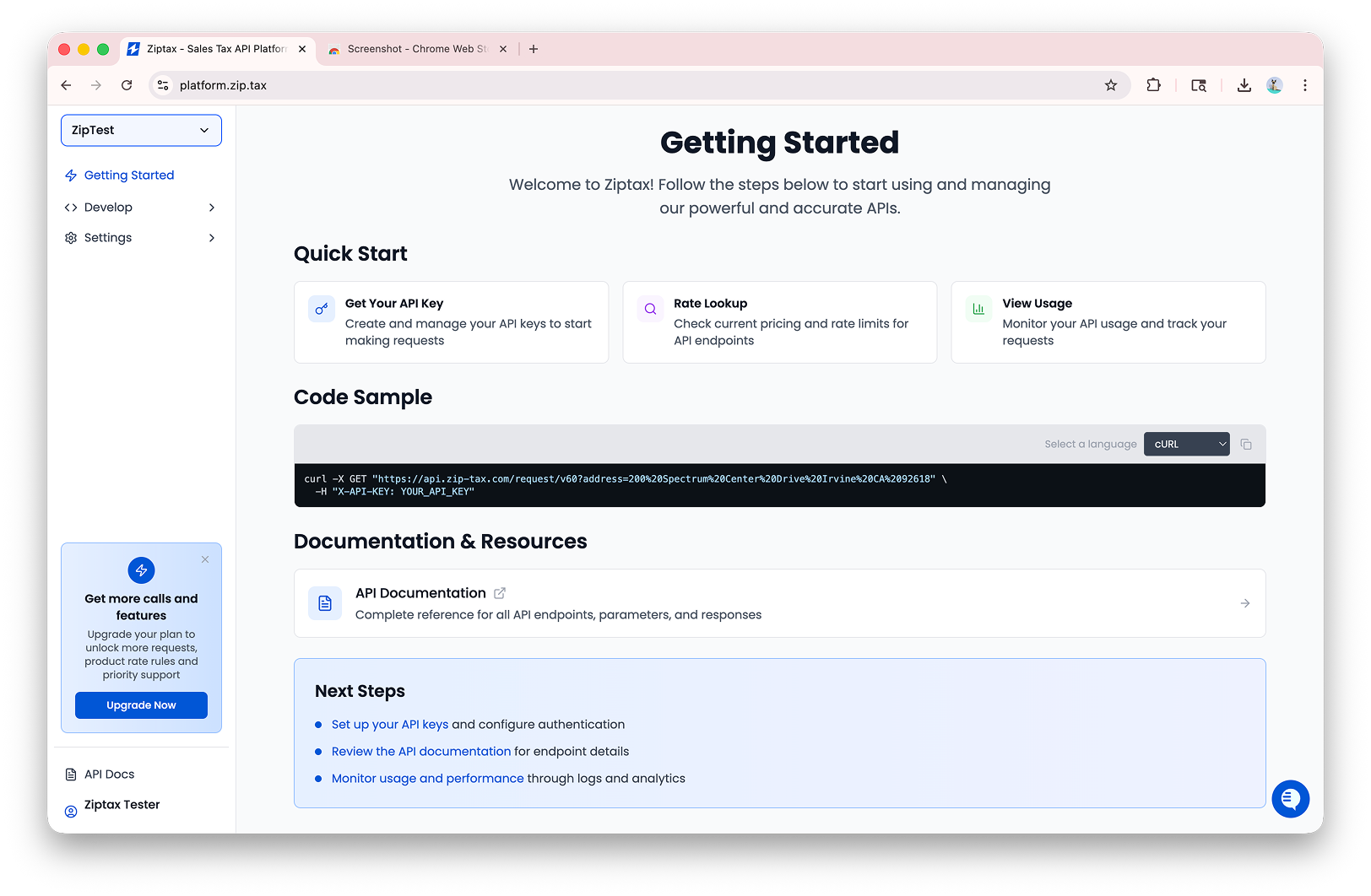 The Ziptax platform Getting Started page