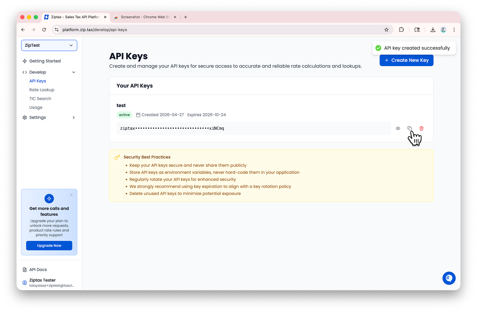 A newly created API key with the copy icon highlighted