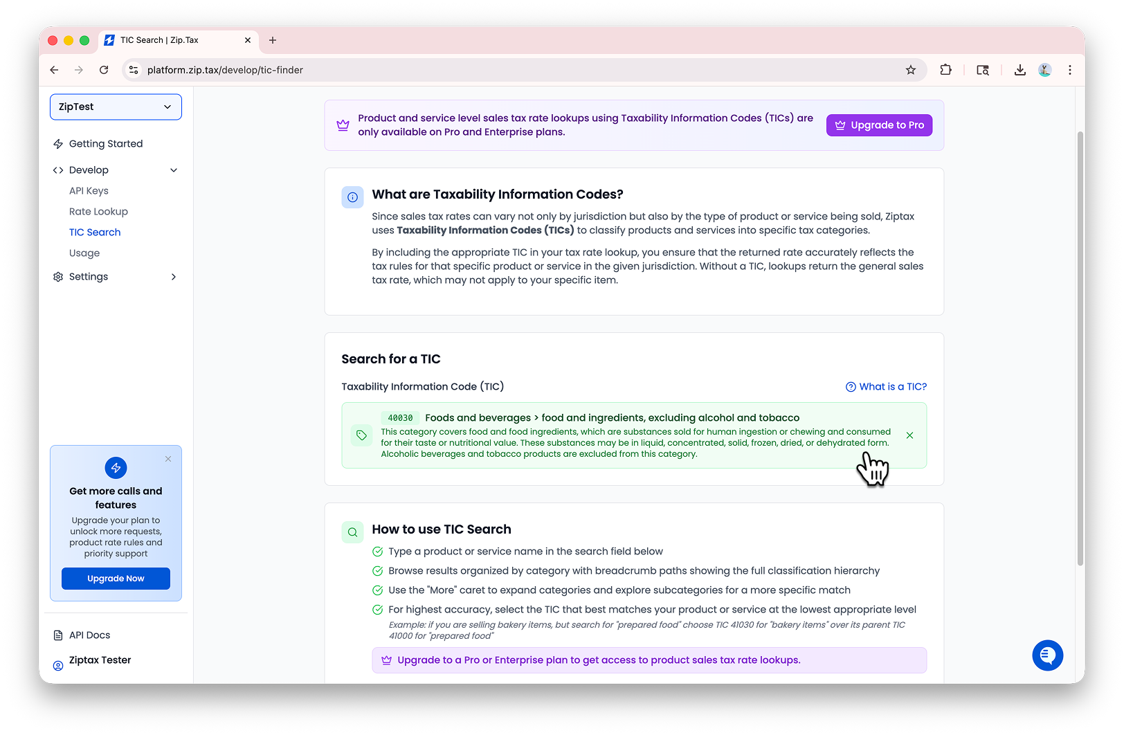 A TIC selected with a green checkmark and detail panel shown