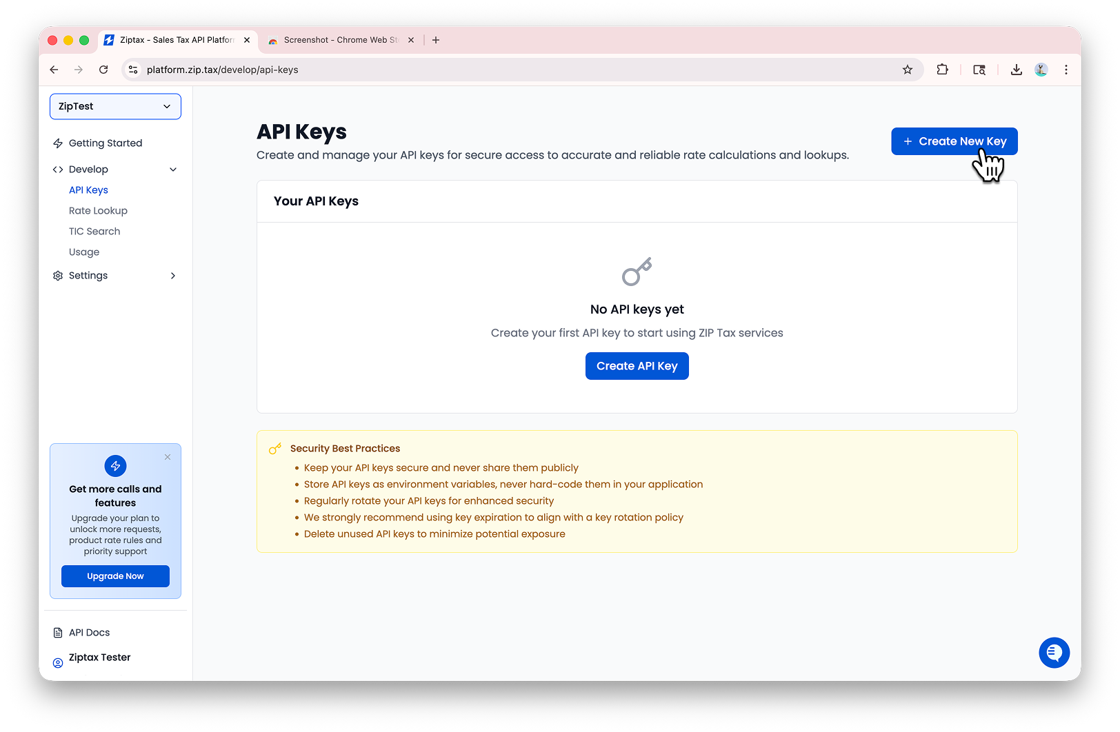 The Create New Key button in the top right of the API Keys page