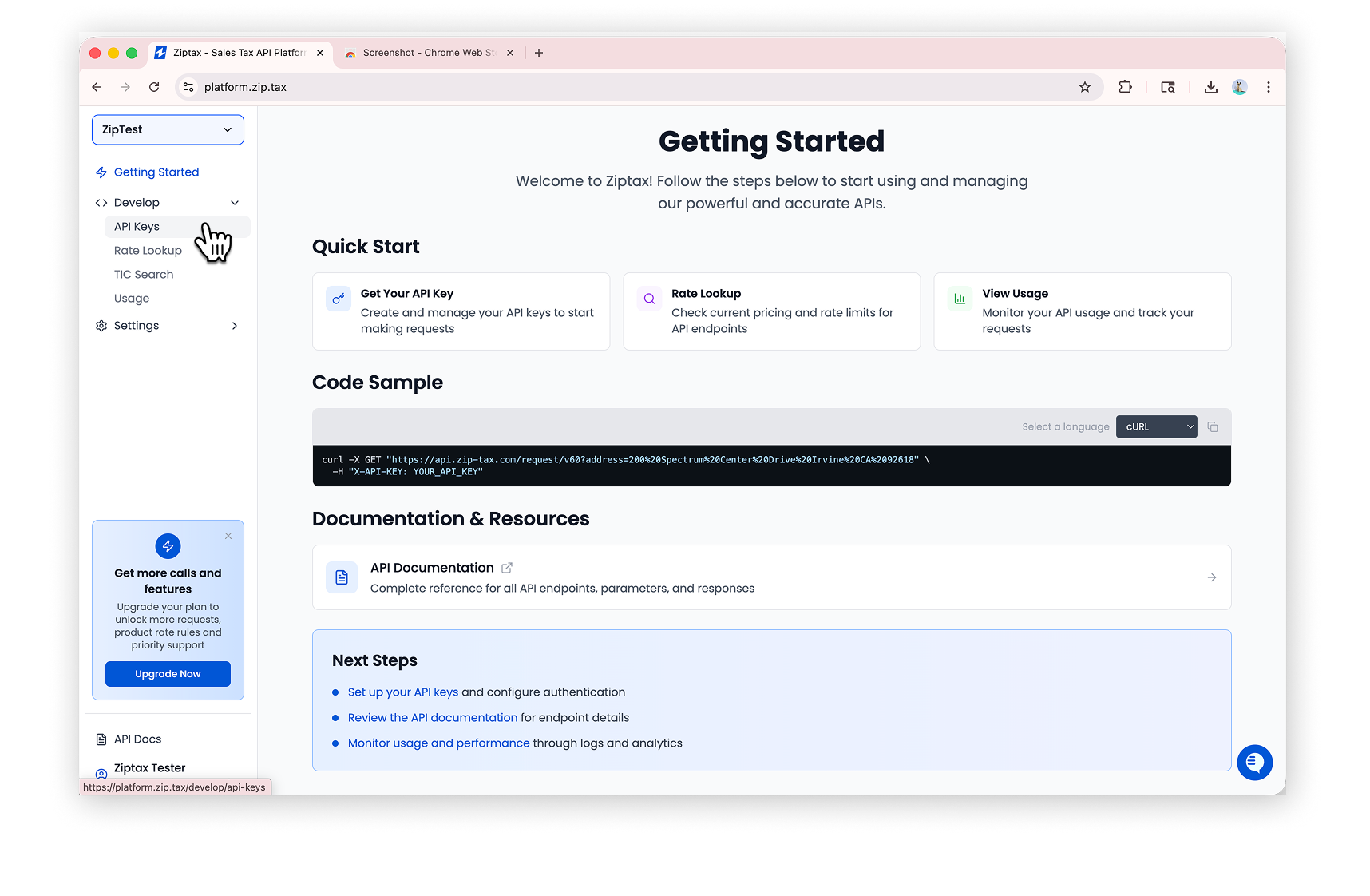 The Develop section expanded in the sidebar with API Keys highlighted