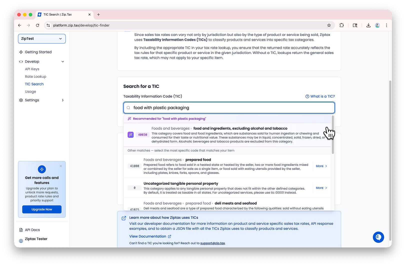 The TIC Search page with a sample query and matching results